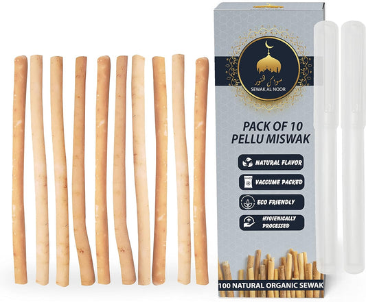 Pack of 10 Miswak Sticks for Teeth with Holder - Vacuum Sealed Natural Flavored Chew Sticks for Humans - Natural Toothbrush for Teeth Whitening, Oral Health & Fresh Breath || Pack of 10