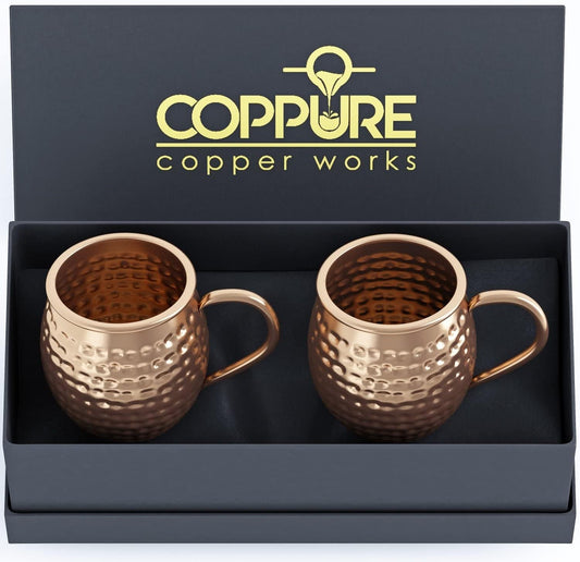 Moscow Mule Copper Mugs Set of 2 - Pure 100% Solid Hammered, Unlined Copper Cups for Icy Cold Cocktails - Recipes Included - Makes a Great Gift