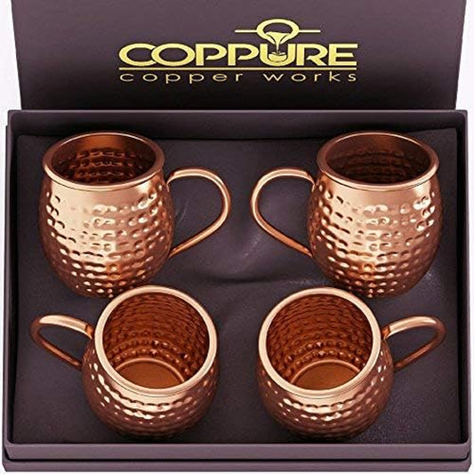 Moscow Mule Copper Mugs Set of 4 - Pure 100% Solid Hammered, Unlined Copper Cups for Icy Cold Cocktails - Recipes Included - Makes a Great Gift